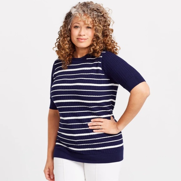 brass clothing Tops - Women’s Blue and White Striped 3/4 Sleeve Sweater Blouse